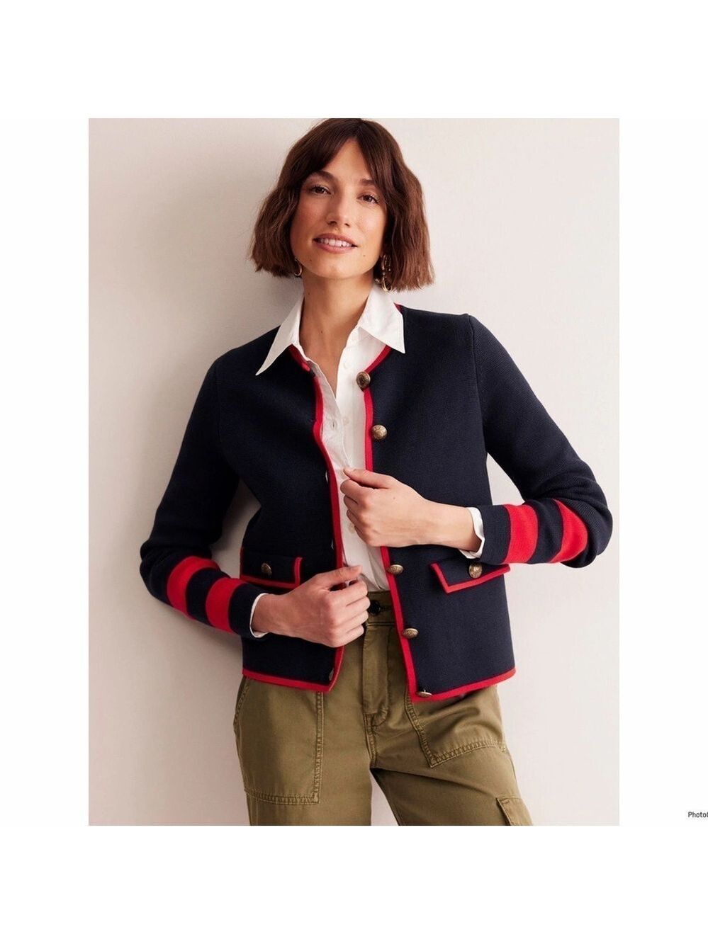 Boden Blue 100% Cotton Holly Knitted Cardigan Navy Red Knitted Size 16-18 NWT